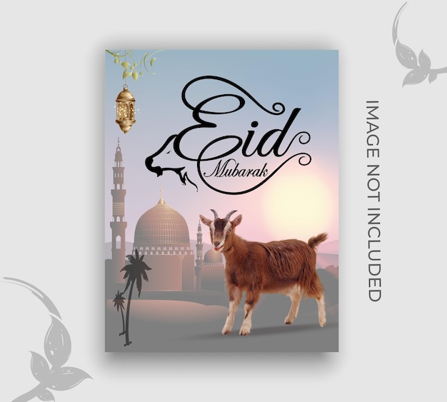 Vektor fröhliche eid al-adha-grußkarte mit halal-tier und hintergrundmoschee im premium-design