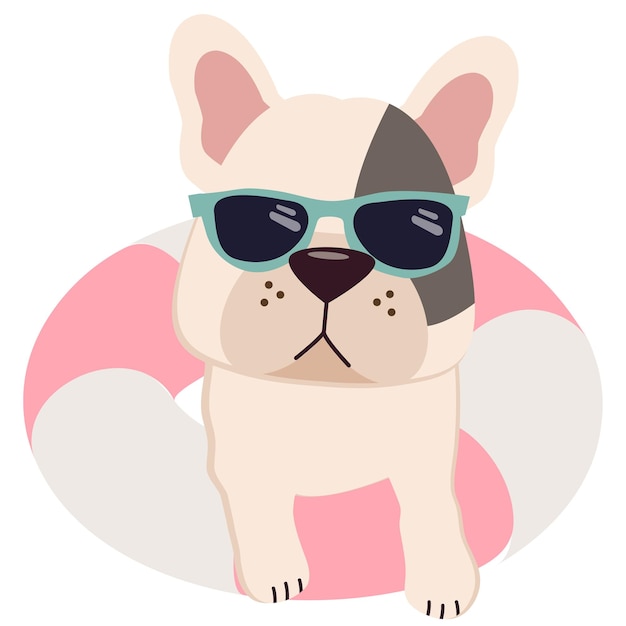 Vektor fröhliche französische bulldogge mit sonnenbrille und schwimmender ringluftmatratze für den sommer