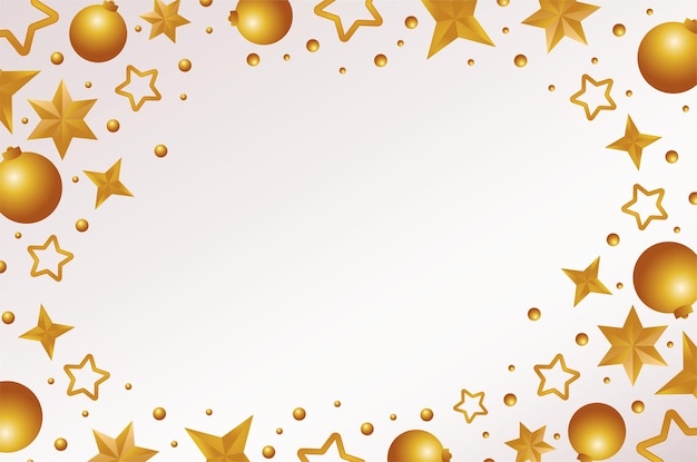 Fröhliche frohe Weihnachtskarte mit goldenen Sternen und Kugeln Rahmenillustration
