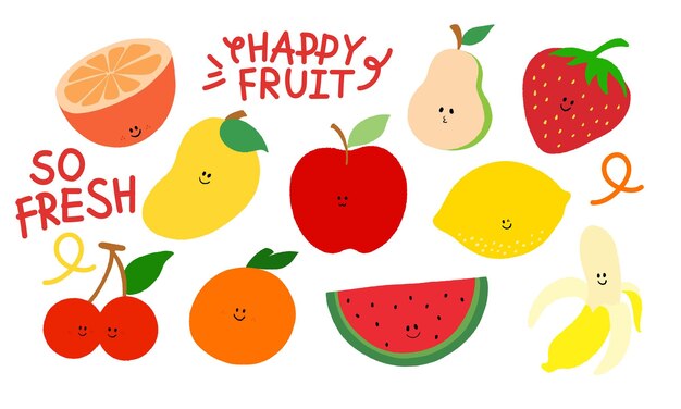 Fröhliche Früchte im Buntstift aus Mango, Banane, Orange, Zitrone, Kirsche, Erdbeere, Apfel, Birne und Wassermelone