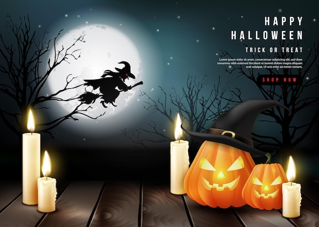 Fröhliche Halloween 3D realistische beängstigende Jack Laterne und Kerze mit Vollmondnacht Hintergrund