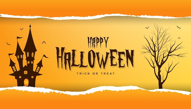 Vektor fröhliche halloween-banner-hintergrundillustration mit zerrissenem papiereffekt und halloween-text und spukhaus für die halloween-feier