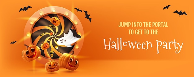 Fröhliche halloween-bühne, 3d-illustration, gruseliges bannerdesign mit kürbissen, fledermäusen, geistern und einer spirale