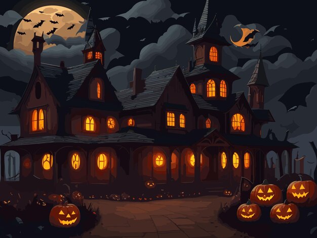 Fröhliche Halloween-Illustration mit Geisterhauskürbissen, toten Bäumen und Fledermäusen in einem dunklen Wald bei Ni