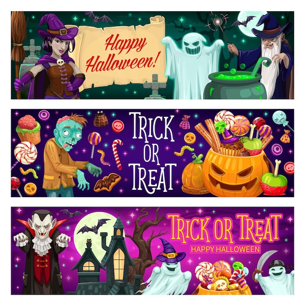 Fröhliche halloween-party-cartoon-vektor-banner-set