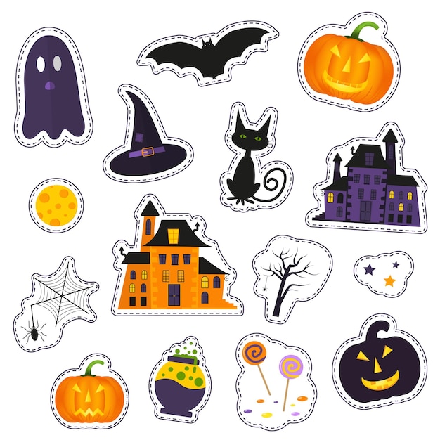 Vektor fröhliche halloween-patch-abzeichen mit geist, kürbis, fledermaus, katze, süßigkeiten und anderen feiertagssymbolen. isolierte illustrationen - ideal für aufkleber, stickereien, abzeichen.