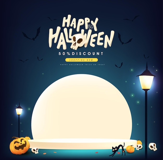 Vektor fröhliche halloween-verkaufsbanner-mondnachtszene mit produktpräsentation und kopierraum