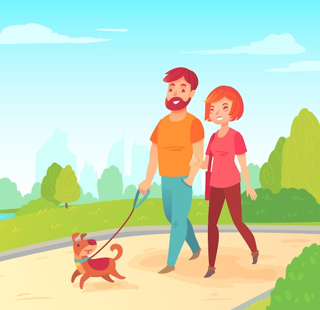 Fröhliche junge Familienfrau und Ehemann, die mit ihrem Hund im Park spazieren geht Cartoon-Illustration im Vektor