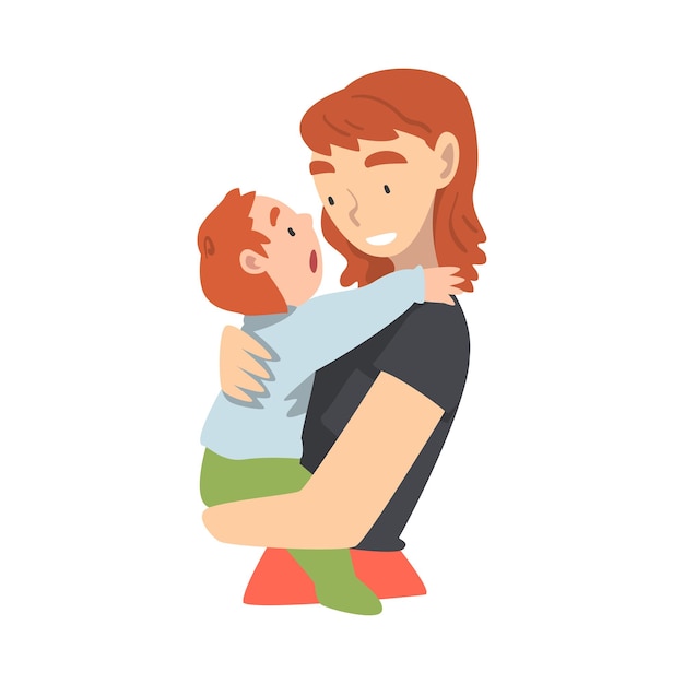 Fröhliche junge Mutter, die ihr Kleinkind in den Händen hält, glückliche Erziehung, Mutterschaft und Kinderpflege Cartoon-Vektorillustration