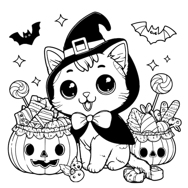 Fröhliche katzenhexe mit halloween-süßigkeiten zum ausmalen