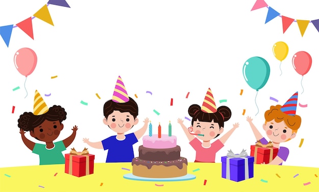 Fröhliche Kinder mit Kuchen und Geschenkbox mit Luftballons auf der Geburtstagsfeier und Gruppe von Freunden