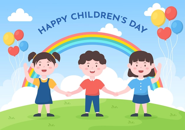 Fröhliche Kindertagsfeier mit Jungen und Mädchen, die in Cartoon-Hintergrundillustration spielen