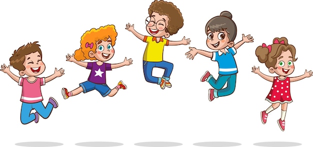 Fröhliche kleine Kinder, die Spaß haben, Vektorillustration niedlicher Kinder, die tanzen springen