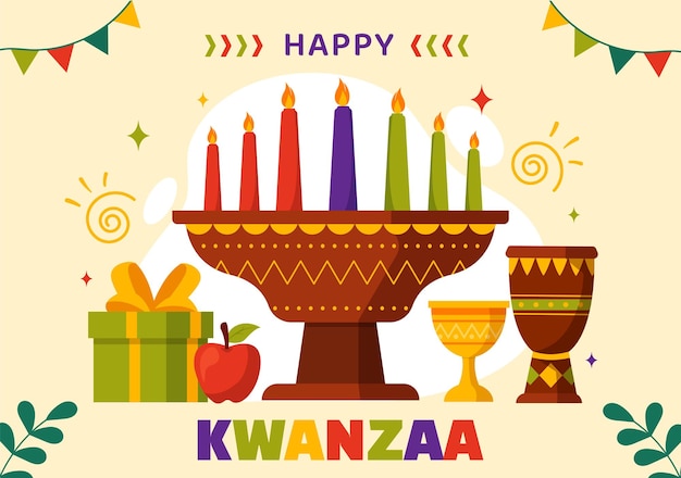 Fröhliche kwanzaa-vektorillustration im traditionellen afrikanischen feiertagssymbol, flacher cartoon-hintergrund