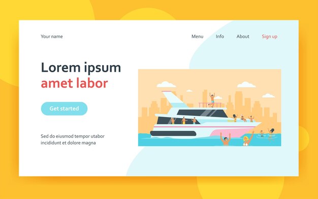 Vektor fröhliche leute, die auf einer isolierten landingpage des luxusboots segeln