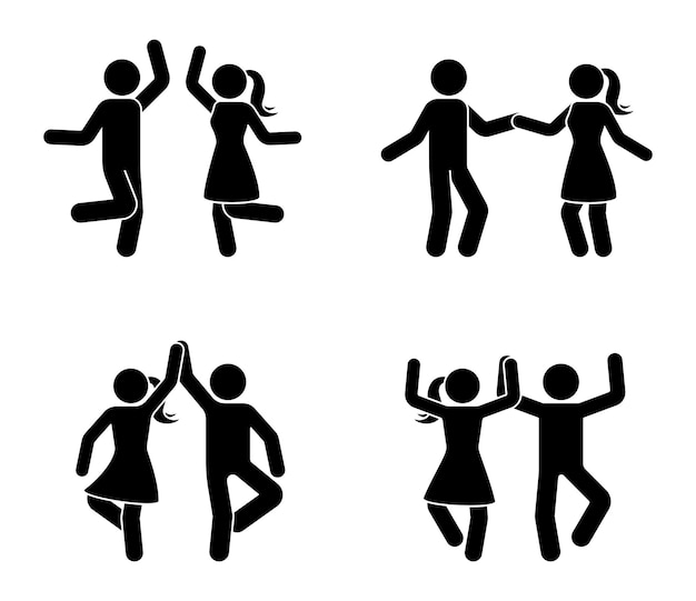 Fröhliche männliche und weibliche Strichmännchen tanzen zusammen. Schwarz-weißes Party-Symbol-Piktogramm