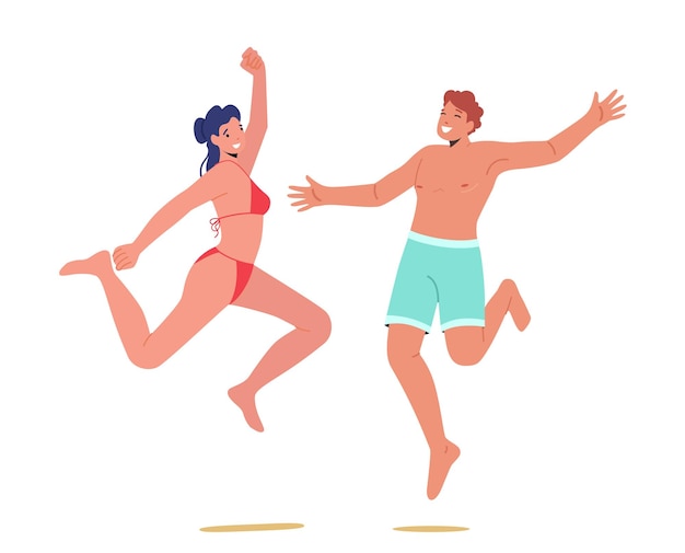 Fröhliche menschen, die badeanzüge tragen und mit erhobenen händen springen, mann und frau, die sich in den sommerferien amüsieren