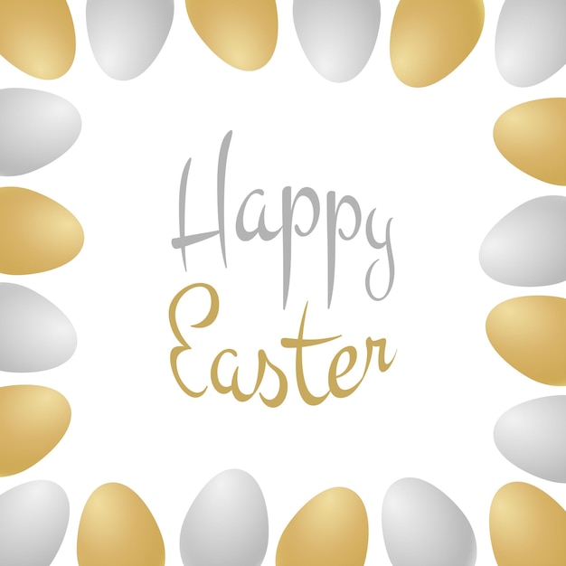 Fröhliche Osterbeschriftung mit goldenen und silbernen realistischen Eiern Rahmen für Retro-Feiertags-Ostereier