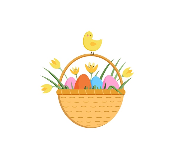 Vektor fröhliche osterillustration mit süßem küken bunte eier und gelbe tulpen in einem busket