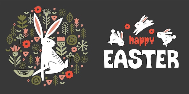 Fröhliche ostern süße weiße kaninchen und ein hase in einem kreisförmigen muster aus frühlingsblumen auf dunklem hintergrund vektorillustration handgezeichneter text