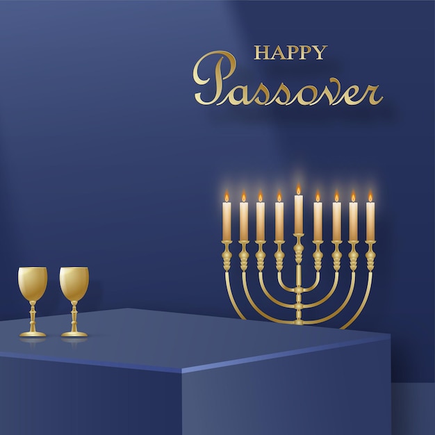 Fröhliche pessah-podiumsbühne für den pessach-feiertag mit netten und kreativen jüdischen symbolen und goldenem papierschnitt auf farbigem hintergrund für den jüdischen pessach-feiertag