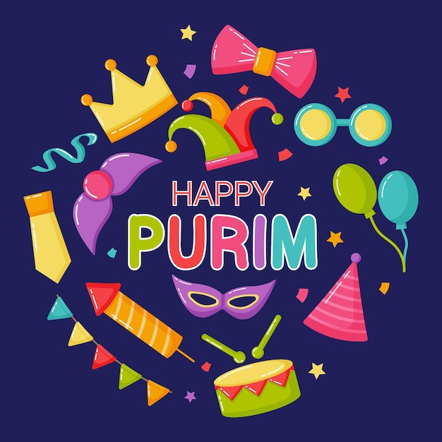 Fröhliche Purim-helle Elemente in runder Form, Vektorillustration