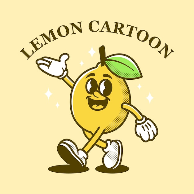 Fröhliche Retro-Cartoon-Figur mit Zitrone