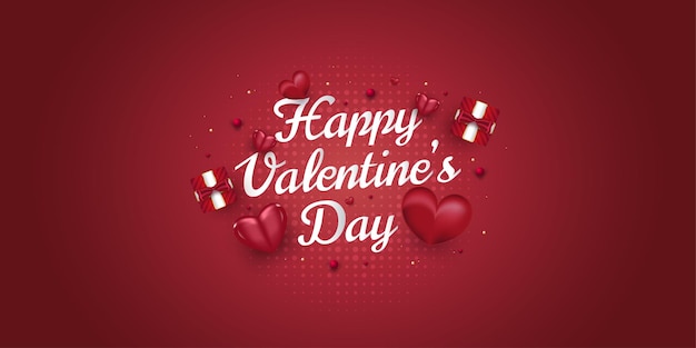 Fröhliche Valentinstag-Typografie mit roten Herzen und Geschenkbox-Illustration einzeln auf rotem Hintergrund