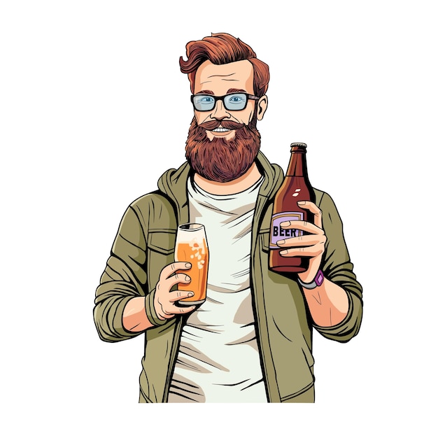 Fröhlicher bärtiger Mann mit einem Glas Bier und einer Flasche