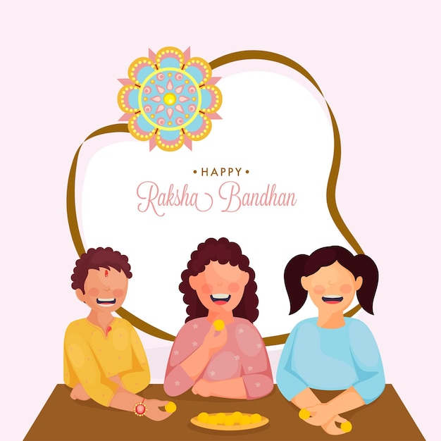 Fröhlicher bruder und schwestern, die anlässlich des raksha-bandhan-festivals zusammen süßigkeiten (laddu) genießen.