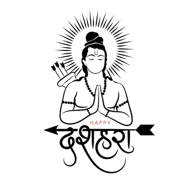 Vektor fröhlicher dussehra-gruß mit hindi-kalligrafie-lord-rama-charakterillustration