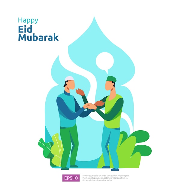 Fröhlicher eid mubarak oder ramadan-gruß mit menschencharakter. islamisches design-illustrationskonzept für vorlage für web-landing page, social, poster, werbung, werbung, printmedien, banner oder präsentationen