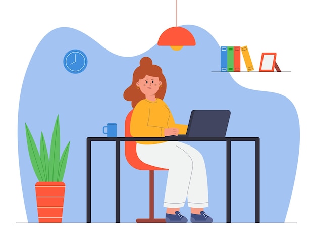 Fröhlicher Freiberufler, der am Tisch arbeitet, flache Vektorillustration. Frau, die am Schreibtisch sitzt und auf den Laptop-Bildschirm schaut und von der Wohnung aus arbeitet. Job, Home-Office-Konzept