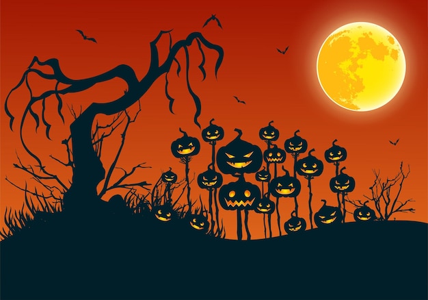 Vektor fröhlicher halloween-flachhintergrund mit gruseligem toten baum-vollmond und gruseligen kürbissen