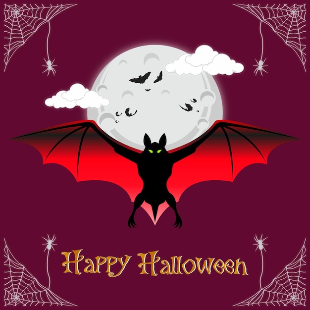 Fröhlicher halloween-fliegender-fledermaus-charakter mit vollmondschein-schatten-vektorillustration