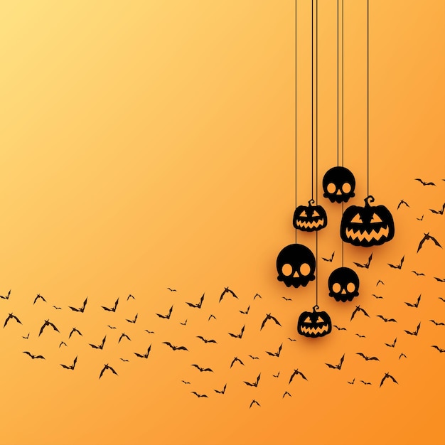 Vektor fröhlicher halloween-hintergrund mit hängenden kürbissen und fliegenden fledermäusen auf gelbem hintergrund
