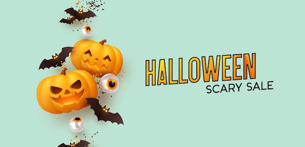Fröhlicher Halloween-Hintergrund mit realistischen Kürbissen und Fledermäusen. Halloween-Gruselverkauf. Vektorillustration