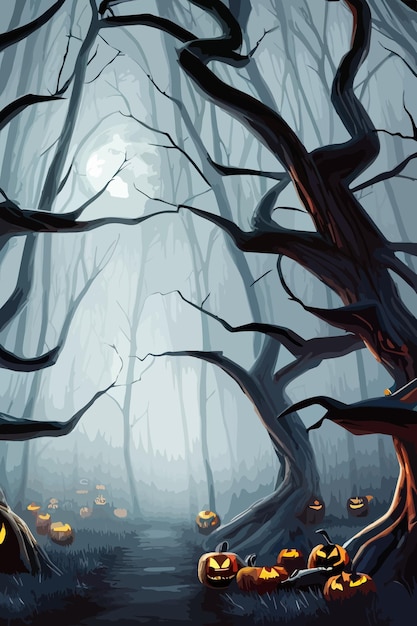 Fröhlicher Halloween-Hintergrund und gruseliger Baumkürbis in dunkler Vollmondnacht und schwarzer Fledermaus und Dunkelheit