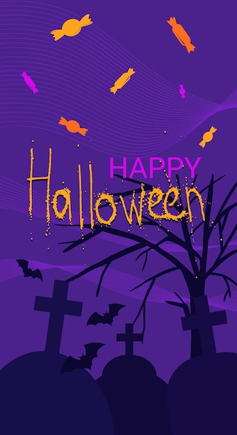Fröhlicher halloween-text auf nächtlichem friedhofshintergrund mit fledermäusen und süßigkeiten
