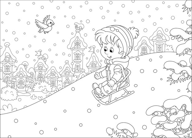 Fröhlicher kleiner junge, der an einem schönen frostigen tag auf einem spielplatz in einem verschneiten park einen schneehügel hinunter rodelt