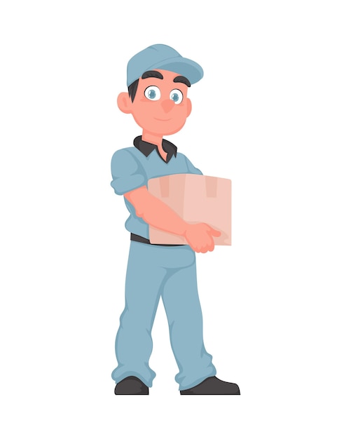 Fröhlicher liefermann mit paket im cartoon-vektor-stil lächelnder männlicher kurier in blauer uniform hält papierkiste express-lieferungskonzept