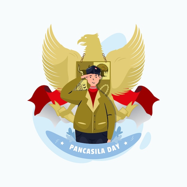 Fröhlicher pancasila-tag mit jungem mann und garuda-indonesien-symbol