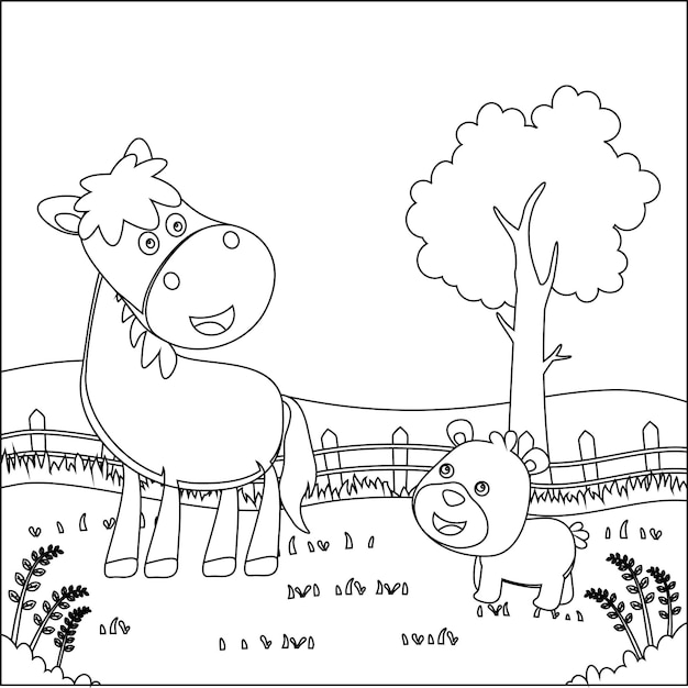 Fröhlicher pferde- und kleiner bären-cartoon auf dem bauernhof mit malbuch für scheune und grünes feld