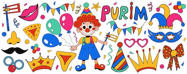 Fröhlicher purim-karneval mit designelementen, symbolen. jüdischer feiertag purim, lokalisiert auf weißem hintergrund. vektor-illustration-clipart