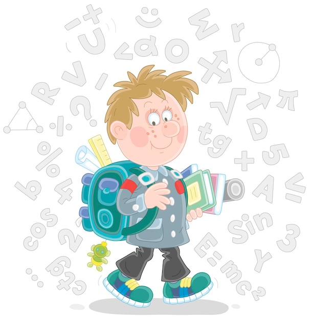 Fröhlicher schüler mit seiner schultasche und lehrbüchern, umgeben von formeln und symbolen