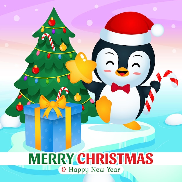 Fröhlicher süßer pinguin, der weihnachten und neujahr auf dem eisberg feiert