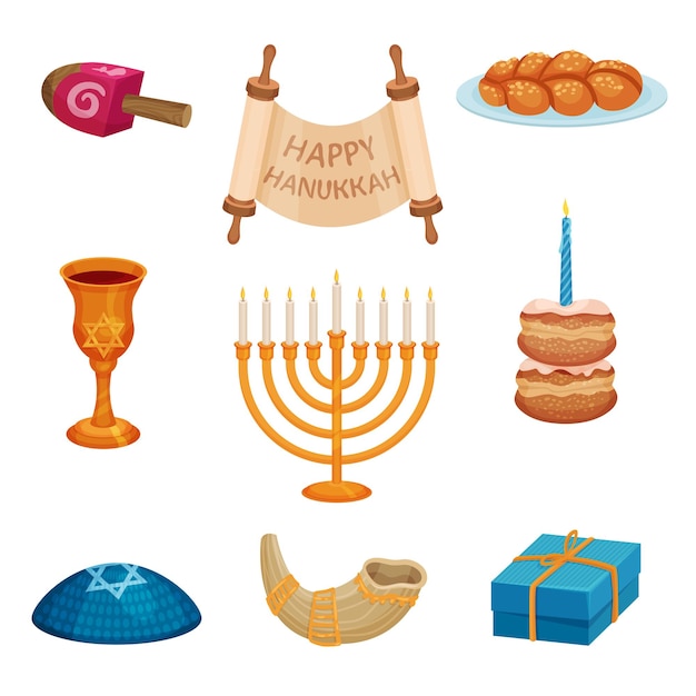 Vektor fröhliches chanukka-konzept, jüdische traditionen und kultur, chanukka-feiertagssymbol auf weißem hintergrund, flache vektorillustration