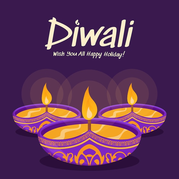 Fröhliches diwali-design mit diya-öllampenelementen auf violettem hintergrund, bokeh-sparkling-effekt, diwali-feier-grußkarte. vektorillustration