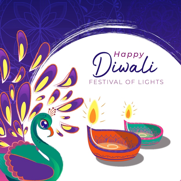 Fröhliches Diwali-Fest mit süßen Pfauen und Öllampen auf violettem Hintergrund, indisches Fest