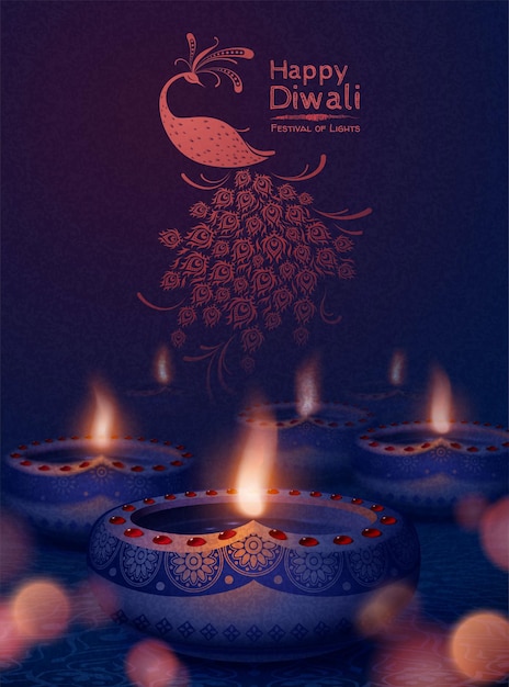 Fröhliches diwali-lichterfest mit schönen diya-öllampen und pfau auf bokeh-nachthintergrund
